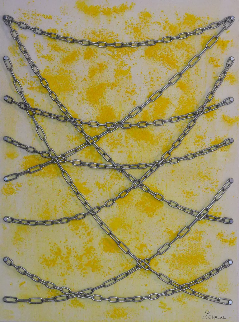 sous la chaine lumiere sami chalal metal jaune peinture paris grand palais