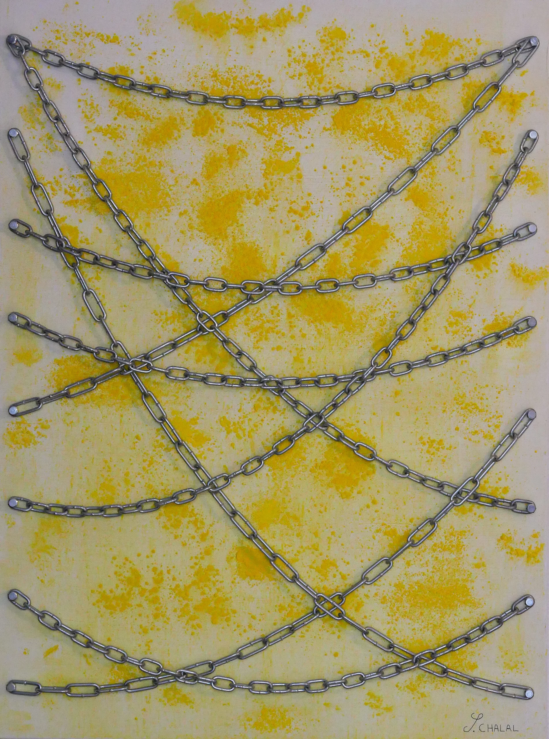 sous la chaine lumiere sami chalal metal jaune peinture paris grand palais